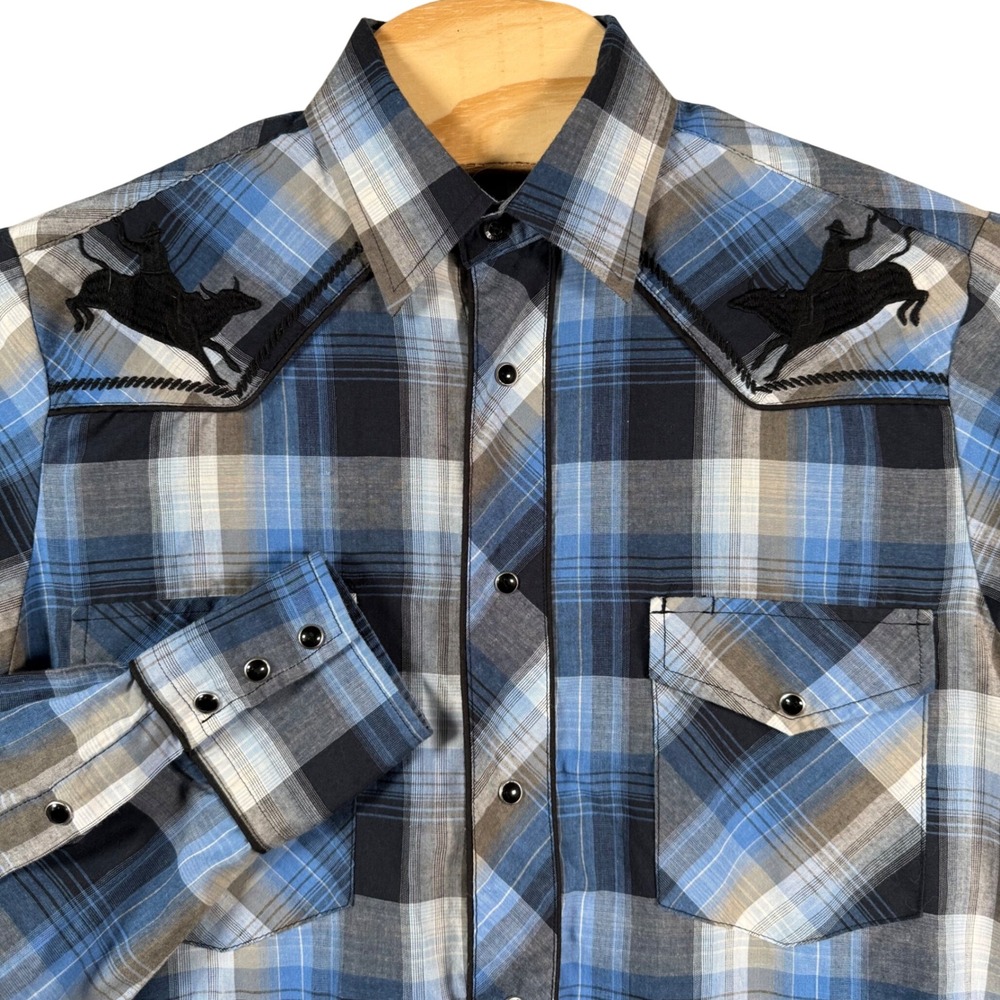Roper Shirt Western Snap Mens Small Blue Plaid Bull Rider Embroidery‎ Cowboy